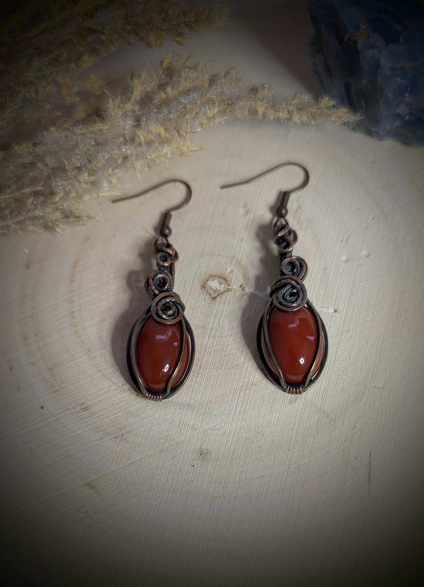 Carnelian and Antiqued Copper Drop Earrings, Wire Wrapped Earrings, Gemstone Drop Earrings