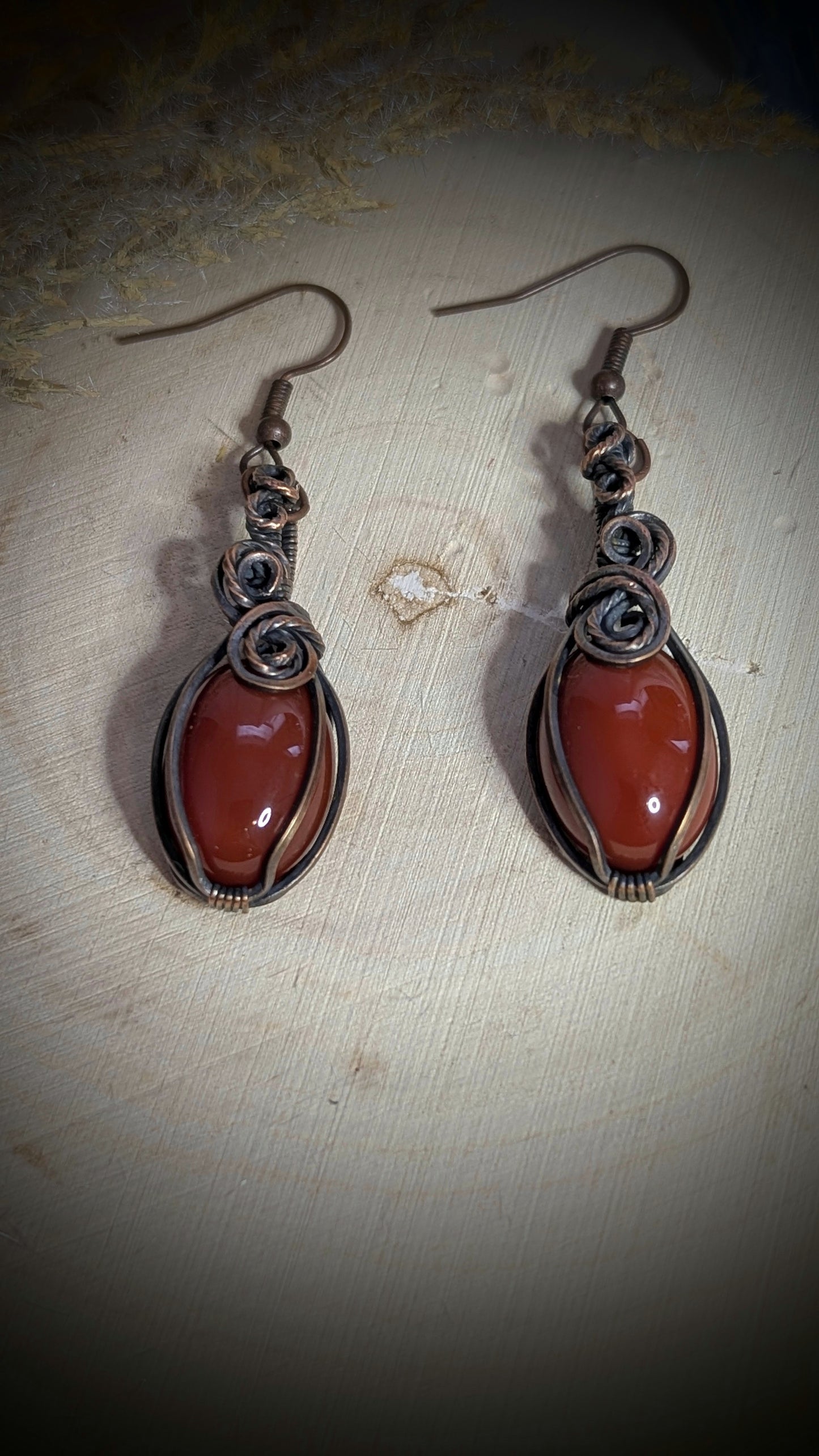 Carnelian and Antiqued Copper Drop Earrings, Wire Wrapped Earrings, Gemstone Drop Earrings
