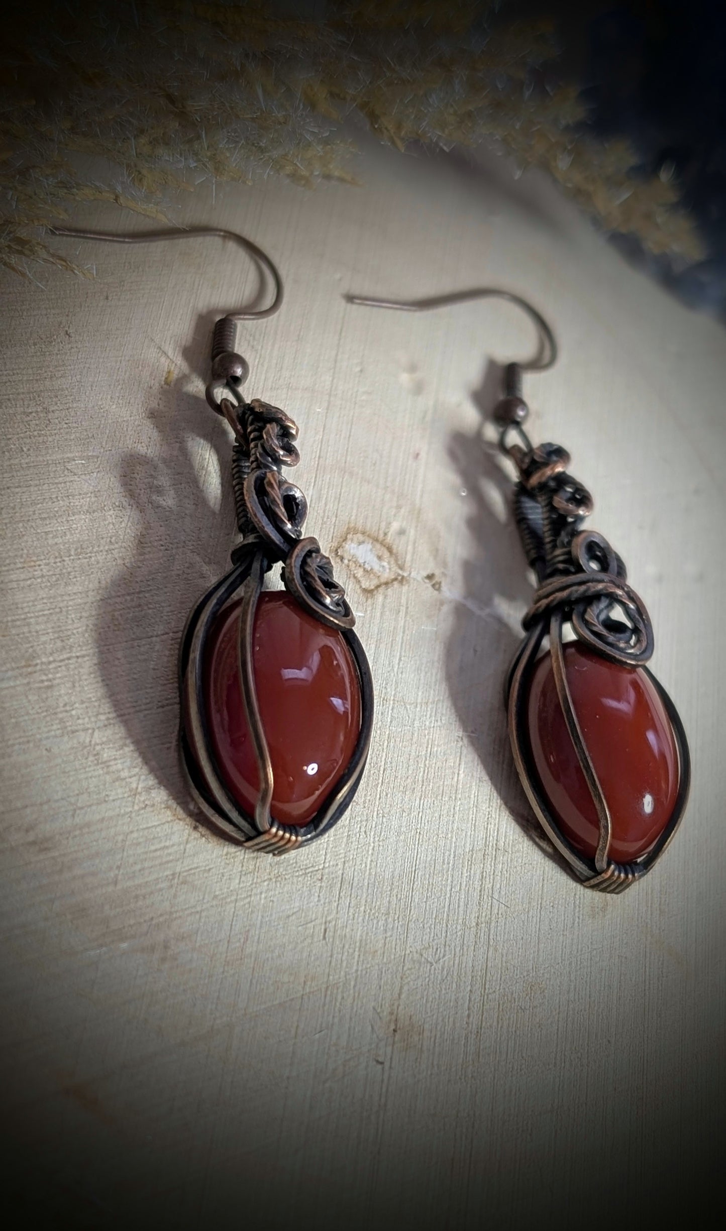 Carnelian and Antiqued Copper Drop Earrings, Wire Wrapped Earrings, Gemstone Drop Earrings
