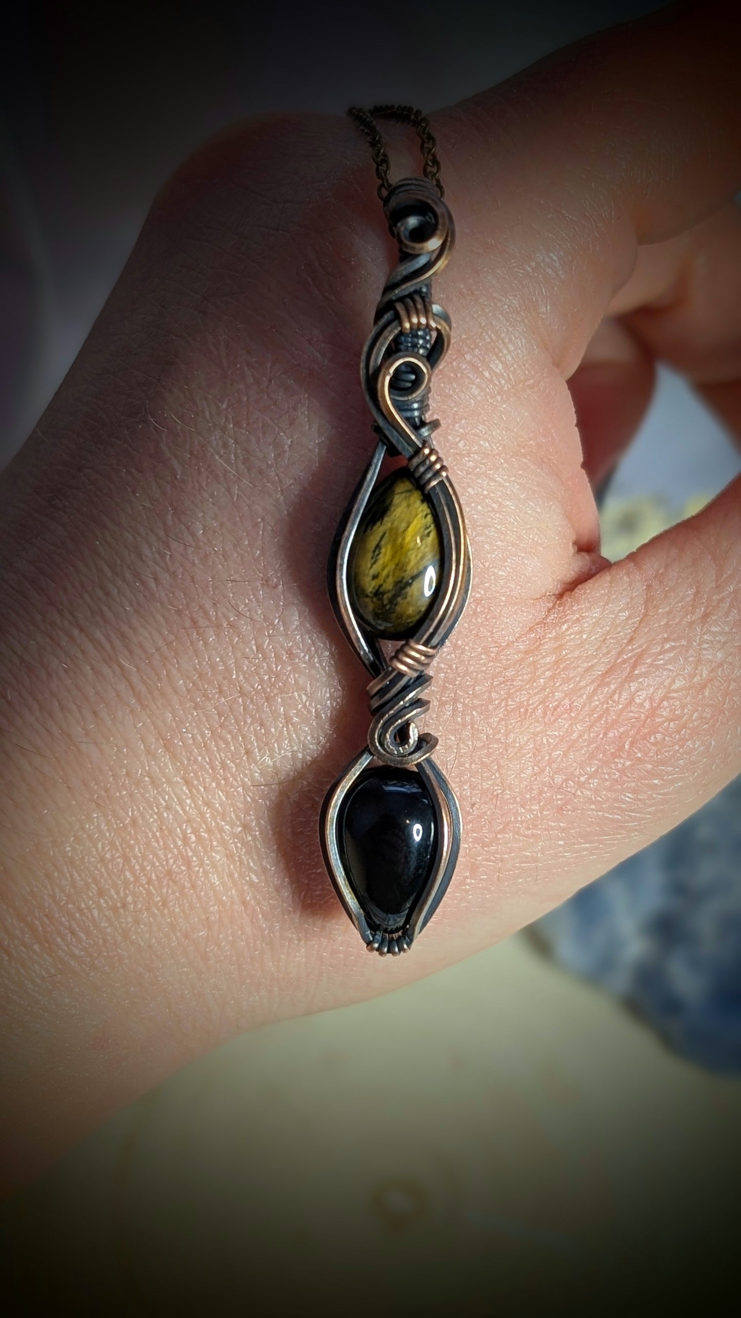 The Divine Twins - Tigers Eye and Black Obsidian in Antiqued Copper