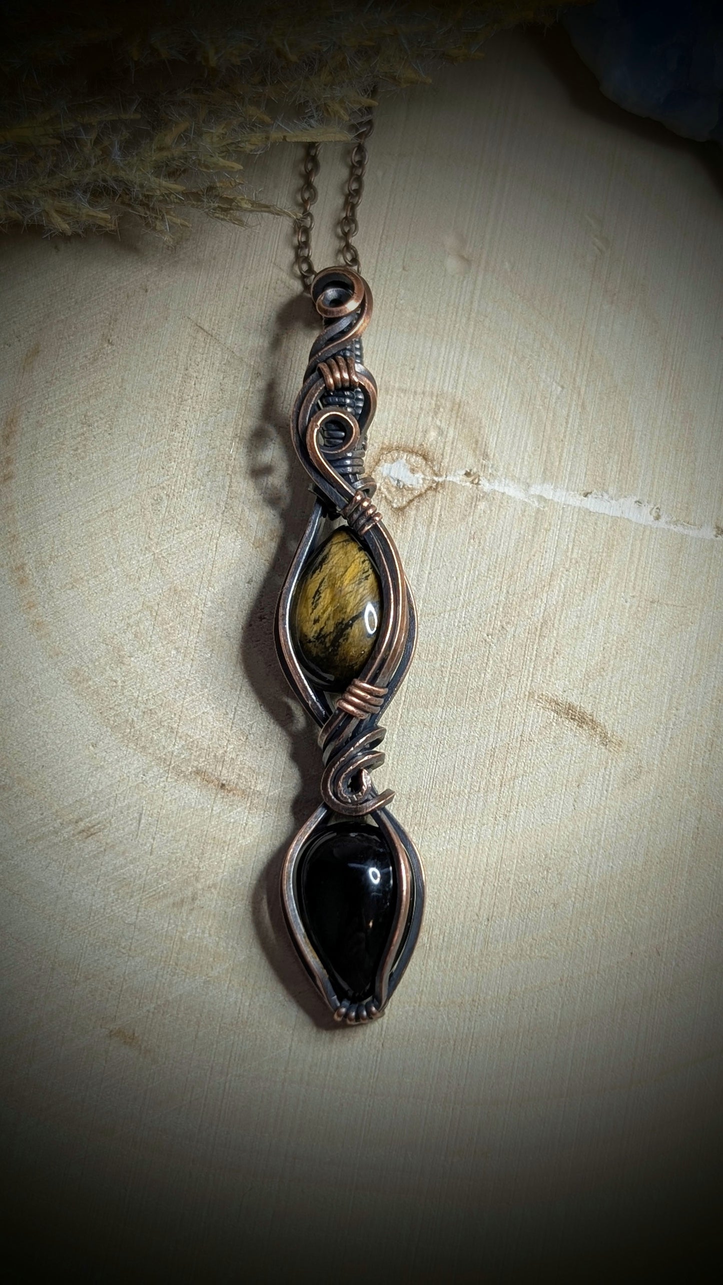 The Divine Twins - Tigers Eye and Black Obsidian in Antiqued Copper
