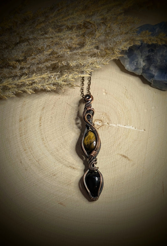 The Divine Twins - Tigers Eye and Black Obsidian in Antiqued Copper