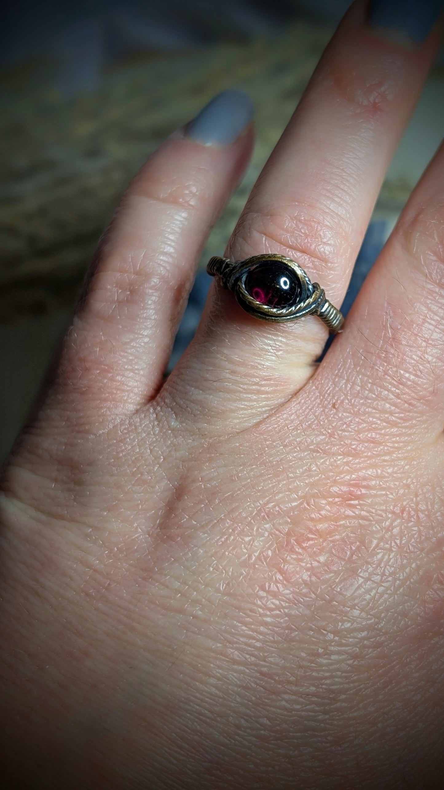 Garnet Ring in Antiqued Copper Wire, size 5
