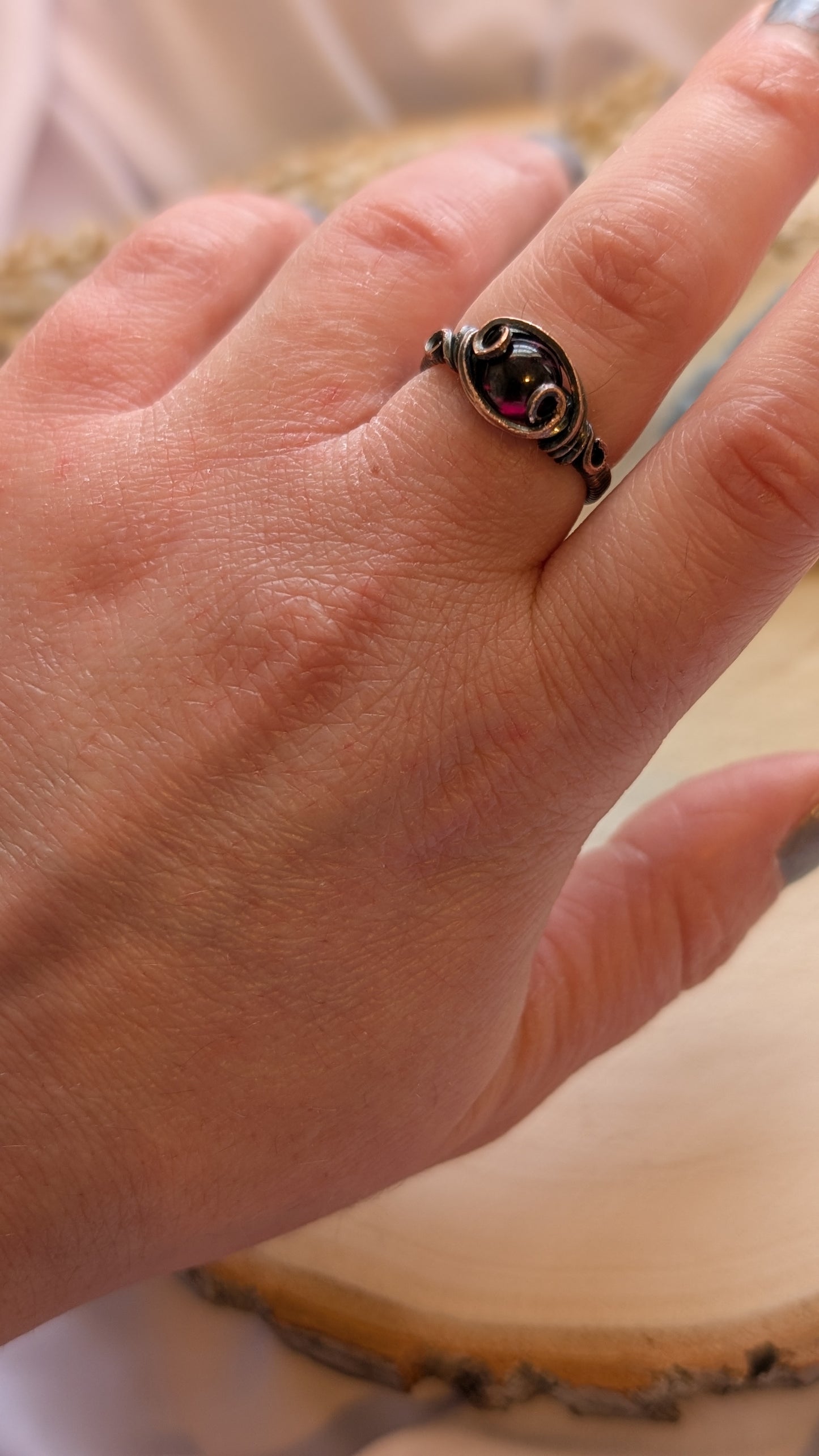 Garnet and Antiqued Copper Ring, size 6.5